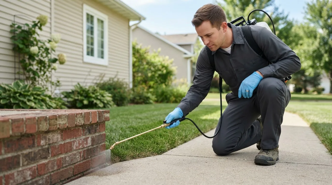 Pest control technician treating a home near Wakefield, NH